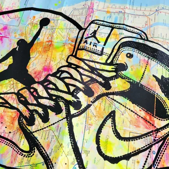🎁Handpainted Air Jordan Sneaker Acrylic Painting Pop Art on NYC Subway Map - Picture 5 of 8